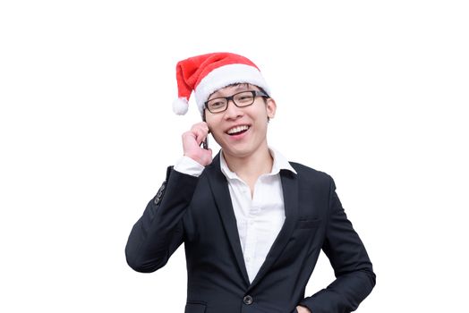 Business man has talking and laughing with Christmas festival themes isolated on white background.