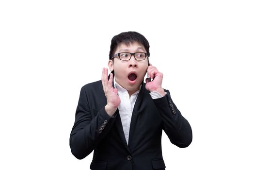 Asia businessman has holding a phone for surprised with smile and happy isolated on white background.