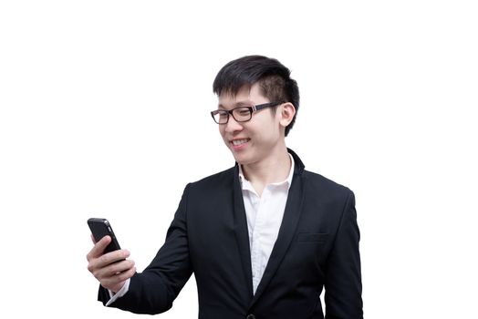 Asia businessman has holding a phone for working with smile and happy isolated on white background.