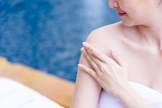 Portrait of beautiful asian people having hand massage in spa salon. Beauty, healthy, spa and relaxation concept.