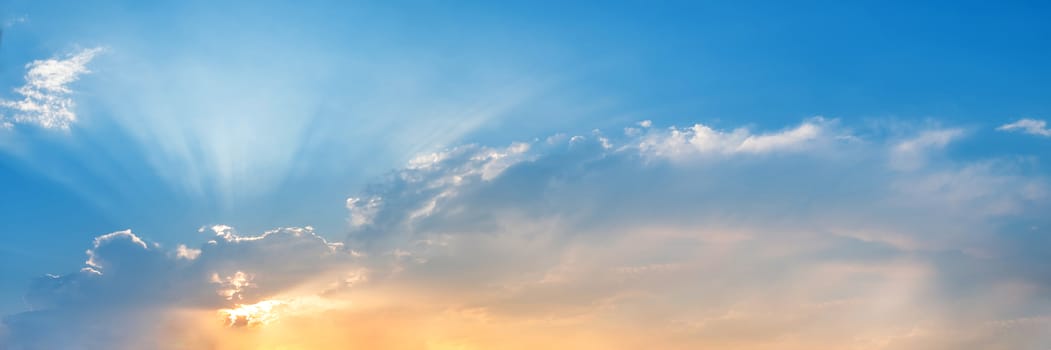 Dramatic panorama sky with cloud on sunrise and sunset time. Panoramic image.