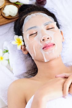 Portrait of beautiful asian people has masking with close up view and close up eyes. Beauty, healthy, spa and relaxation concept.