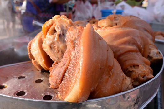 Braised Pork Leg in Chinese Spice On the steamer in the local market of Thailand