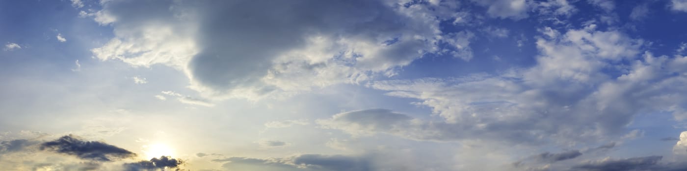 Dramatic panorama sky with cloud on sunrise and sunset time. Panoramic image.