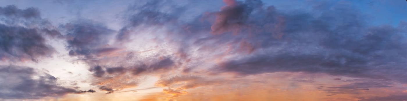 Dramatic panorama sky with cloud on sunrise and sunset time. Panoramic image.