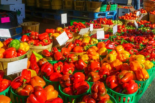 Peppers and other vegtables on sale in the Jean-Talon Market Market, Little Italy district, Montreal, Quebec, Canada