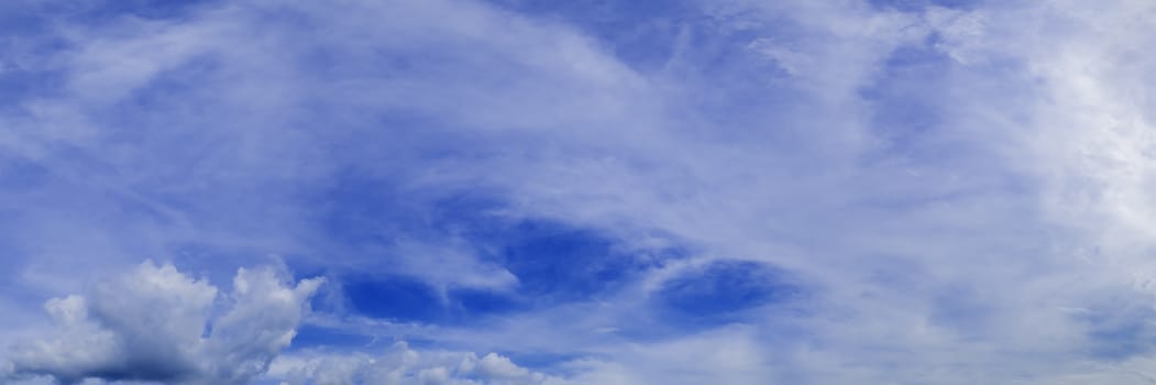 Panorama sky with cloud on a sunny day. Panoramic image.