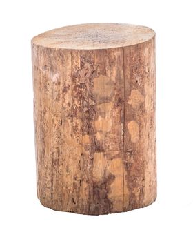 Isolated grunge log stool or chair craft artisan handmade furniture on white background.