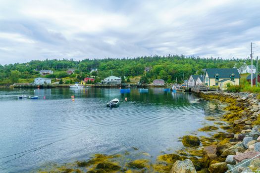 Views of the bay, boats and waterfront buildings in Northwest Cove, Nova Scotia, Canada