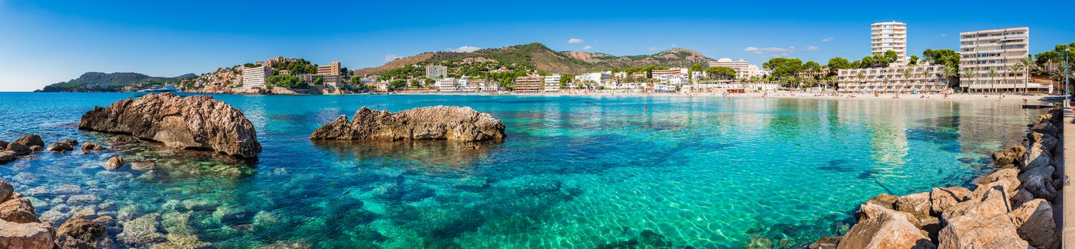 Beach panorama of Platja Palmira in Peguera on Majorca island, Spain Mediterranean Sea