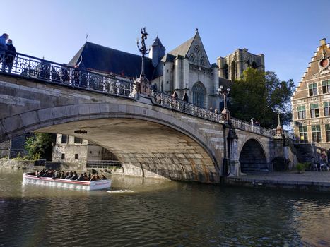 Ghent, Belgium - November 02, 2019: view on the streets and roads with tourists walking around