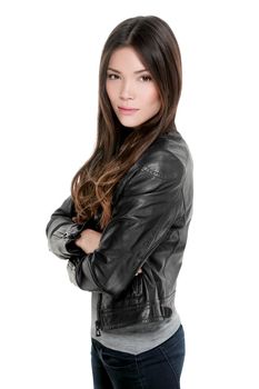Leather moto jacket Asian woman portrait isolated on white background. Sexy attractive confident strong young model.