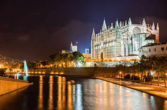 Cathedral of Palma de Mallorca at night, Spain Balearic islands
