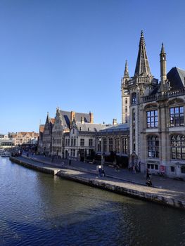 Ghent, Belgium - November 02, 2019: view on the streets and roads with tourists walking around