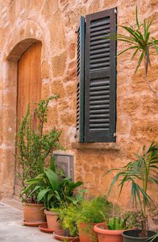Front door and window shutter with potted plant decoration on Mallorca island, Spain