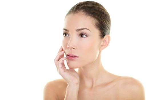 Skincare Asian beauty woman touching face skin portrait in studio isolated on white background. Natural makeup body care spa clear and clean skin.