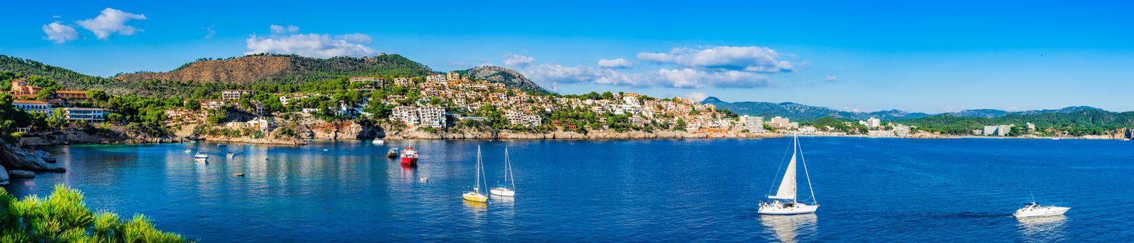 Spain Mallorca island, idyllic coastline panorama view of Cala Fornells bay beach, Mediterranean Sea