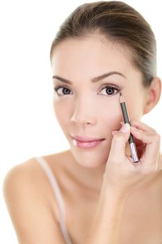 Makeup beauty Asian woman applying brown pencil eyeliner on eye. Face eyes care lifestyle isolated on white background.