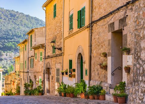 Beautiful street at the mediterranean village of Valldemossa on Majorca Spain