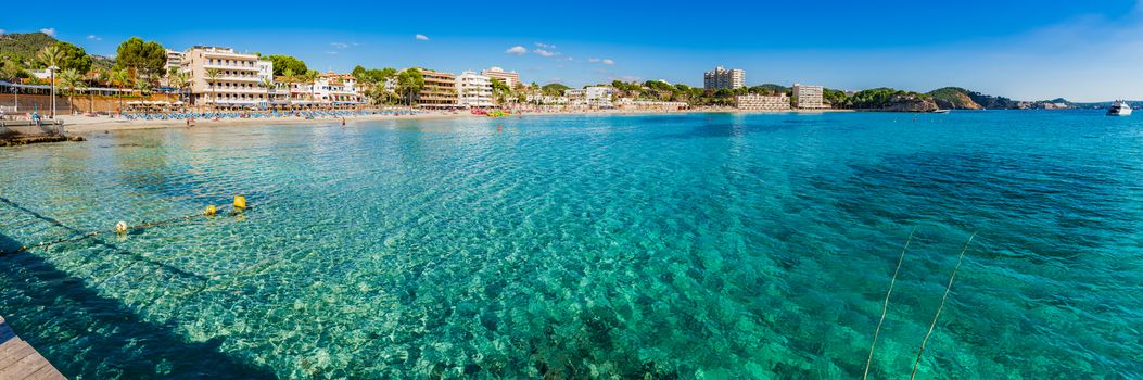Mallorca beach panorama of Platja Palmira, beautiful coastline in Paguera, Spain Mediterranean Sea