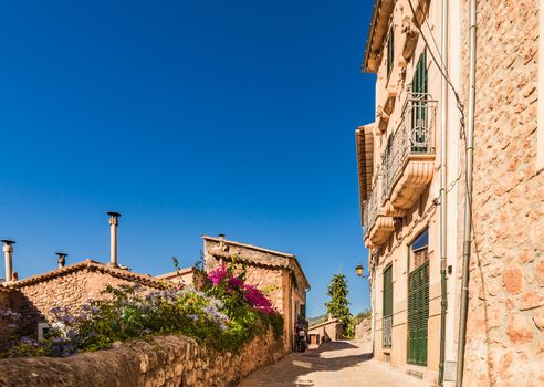 Beautiful street in Fornalutx village on Mallorca island, Spain