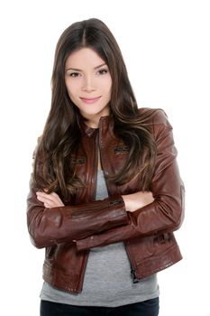Asian young woman casual moto bike leather jacket portrait isolated on white background. Happy confident model with crossed arms.