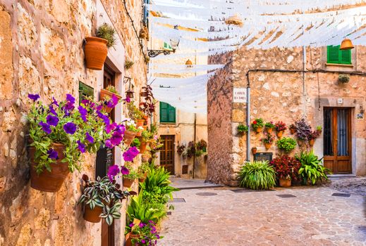 Romantic street with beautiful flowers in Valldemossa village, Mallorca Spain