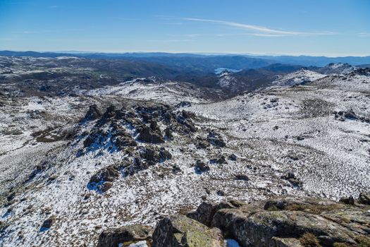 Winter landscape with snow in mountains of Serra do Xures natural park, Galicia, Spain