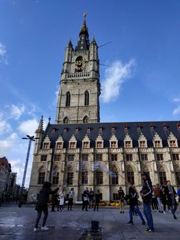 Ghent, Belgium - November 02, 2019: view on the streets and roads with tourists walking around