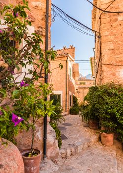 Small alley in the beautiful old village Fornalutx on Mallorca island, Spain