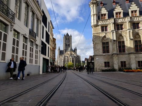 Ghent, Belgium - November 02, 2019: view on the streets and roads with tourists walking around