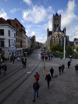 Ghent, Belgium - November 02, 2019: view on the streets and roads with tourists walking around