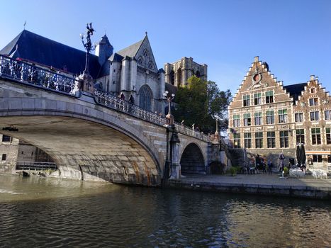 Ghent, Belgium - November 02, 2019: view on the streets and roads with tourists walking around