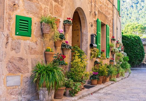 Traditional house entrance in the old village of Valldemossa, Mallorca Spain Balearic islands