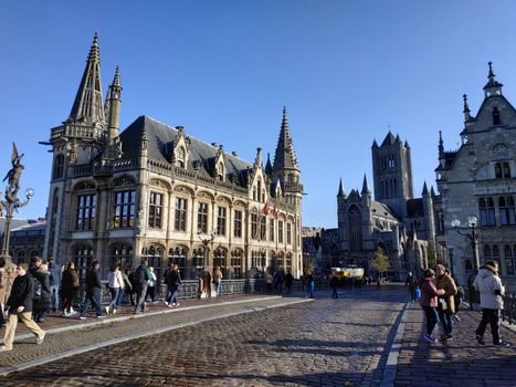 Ghent, Belgium - November 02, 2019: view on the streets and roads with tourists walking around