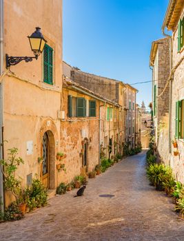 Idyllic view of beautiful street in the old village Valldemossa on Mallorca island, Spain