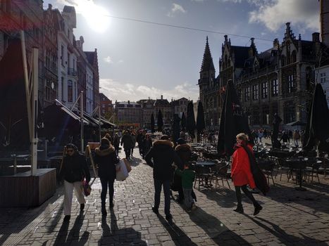 Ghent, Belgium - November 02, 2019: view on the streets and roads with tourists walking around