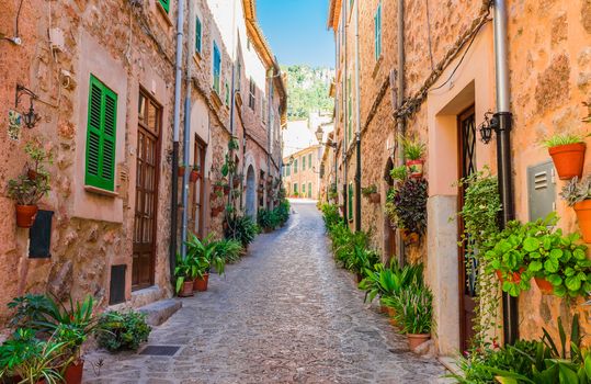 Beautiful street in the mediterranean village Valldemossa on Mallorca, Spain