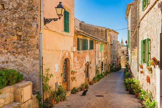 Romantic street in the old village of Valldemossa on Mallorca island, Spain