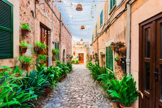 Romantic street in the old village of Valldemossa on Mallorca island, Spain