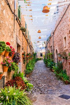 Beautiful street in the old village of Valldemossa on Mallorca island, Spain