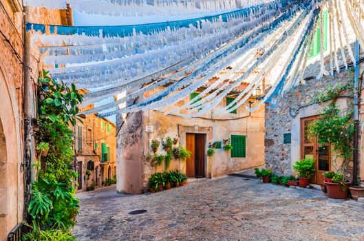 Beautiful view of idyllic street in Valldemossa village on Mallorca island, Spain