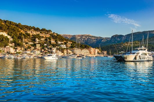 Port de Soller, beautiful harbor at the coast on Majorca island, Spain