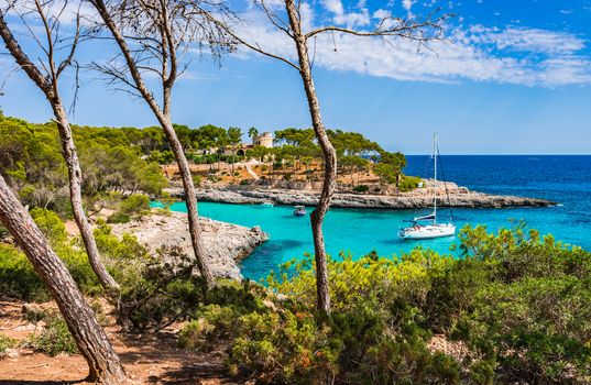 Bay with boats yacht at beautiful seaside on Majorca Spain, Balearic Islands, Mediterranean Sea