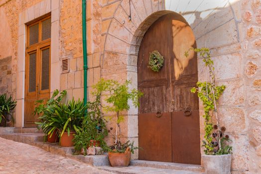 Wooden front door house entrance background 
