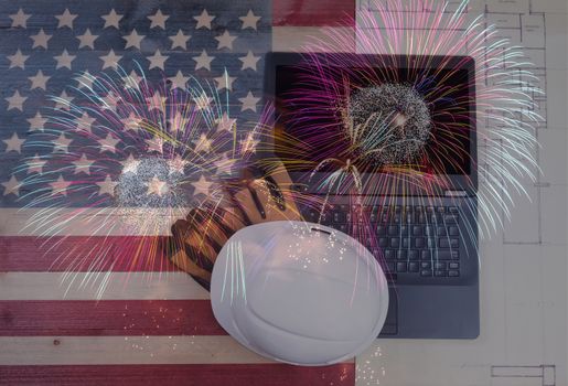 Labor Day holiday for United States of America with modern mobile technology including fireworks and national flag