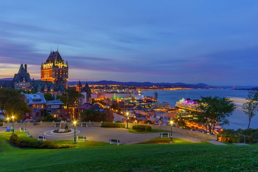 Sunset view of the old town and the Saint Lawrence River from the citadel, Quebec City, Quebec, Canada