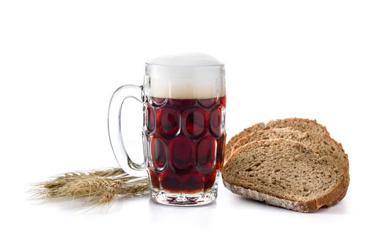 Traditional kvass beer mug with rye bread isolated on white background