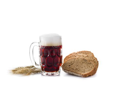 Traditional kvass beer mug with rye bread isolated on white background