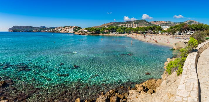 Idyllic view of beautiful seaside of Majorca, beach Platja de Tora in Paguera, Spain Mediterranean Sea